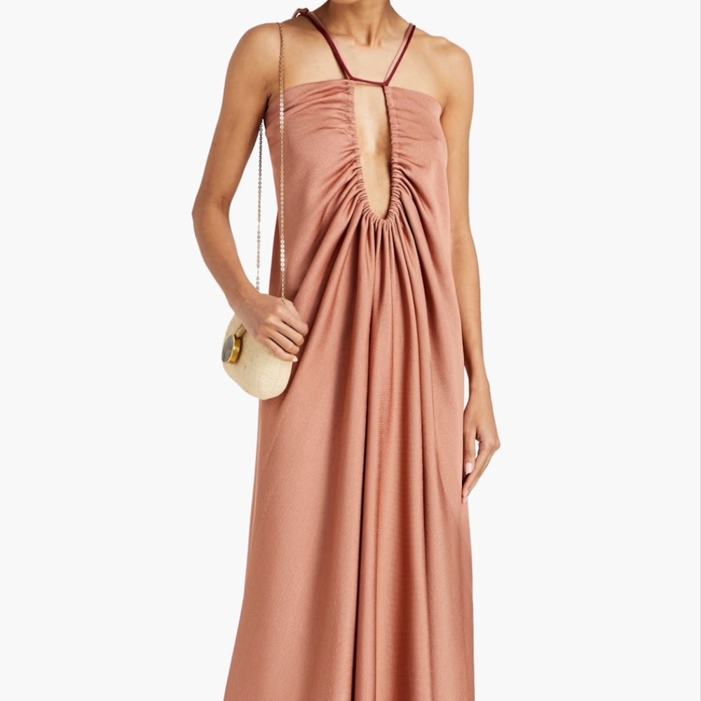 Cutout Ruched Knitted Maxi Dress In Antique Rose